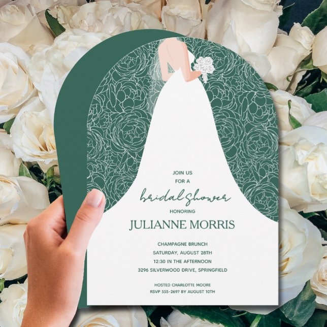Bride on Emerald Grönt Möhippa Arch Inbjudningar (Bride on emerald green bridal shower arch-top invitations)