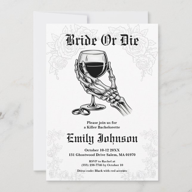 Bride or Die Gothic Skeleton Bachelorette Party Inbjudningar (Framsida)