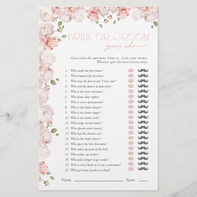 Bride Or Groom Guess Who Pink Bridal Shower Game (Framsida)