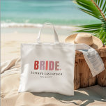 Bride Personalized  Bachelorette Gift  Tygkasse<br><div class="desc">Celebrate the bride-to-be in style with this personalized tote bag designed for all her essentials! Featuring bold “BRIDE” typography, custom name, and event location, this chic canvas bag is perfect for bachelorette party weekends, wedding day prep, or bridal shower gifts. Lightweight yet spacious, it's the perfect accessory to carry everything...</div>