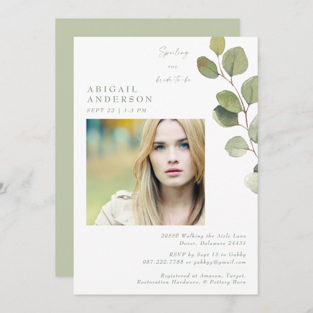 Bride Photo Sage Spoiling our Bride to be Shower Inbjudningar (Fram/baksida)