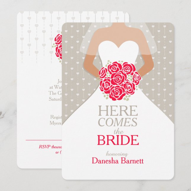 Bride red bouquet-grafik möhippa inbjudan (Fram/baksida)