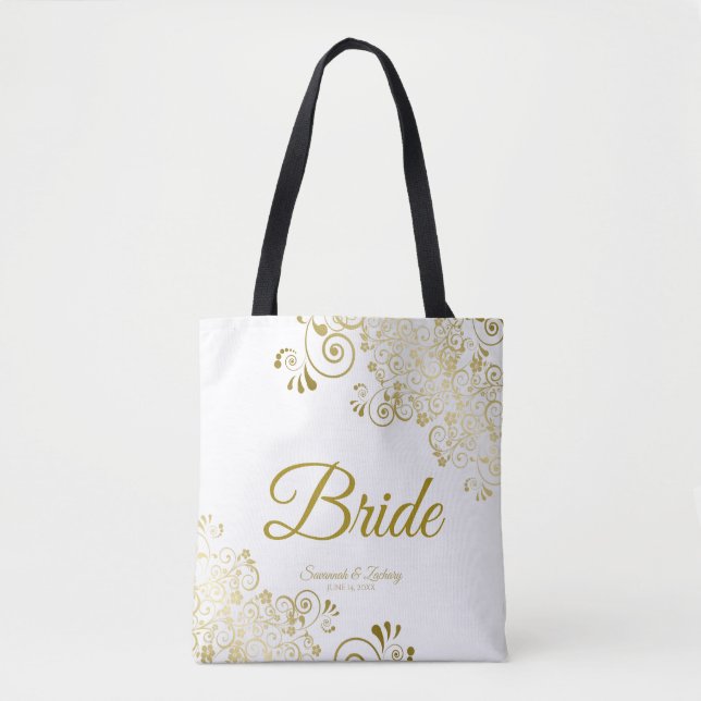 Bride Simple Elegant bröllop Tote Bag White Guld Tygkasse (Framsida)