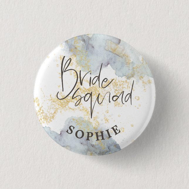 Bride Squad Blue Ombre Watercolor Guld Stänk Namn Knapp (Framsida)