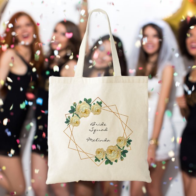 Bride Squad Gult Blommigt Elegant Guld Glitter Geo Tygkasse (Bride Squad Yellow Floral Elegant Gold Glitter Geo Tote Bag)