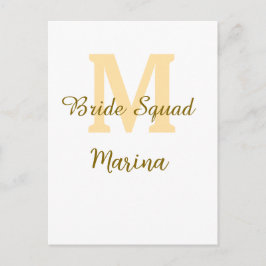 Bride squad monogram golden bridal shower simple  vykort