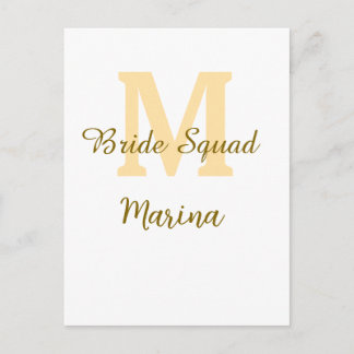 Bride squad monogram golden bridal shower simple  vykort