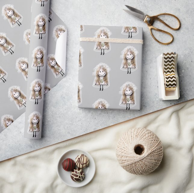 Bride Stick figur med Daisy Bouquet Presentpapper (Hantverk)