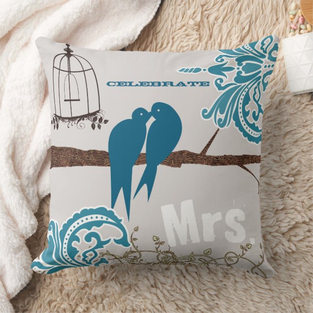 Bride Teal Damask Kissing Love birds Birdcage Kudde (Filt)