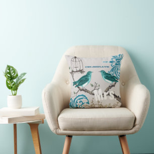 Bride Teal Damask Love Bird Birdcage Kudde