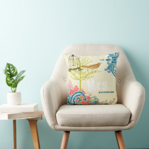 Bride Teal Damask Love Bird Birdcage Kudde
