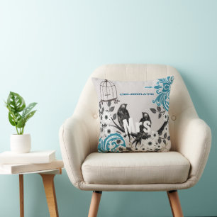 Bride Teal Damask Love Bird Birdcage Kudde