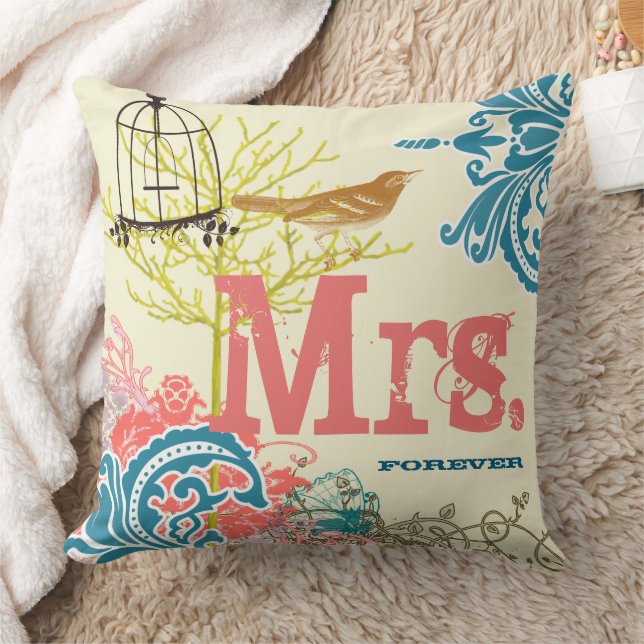 Bride Teal Damask Love Bird Birdcage Mrs Forever Kudde (Filt)