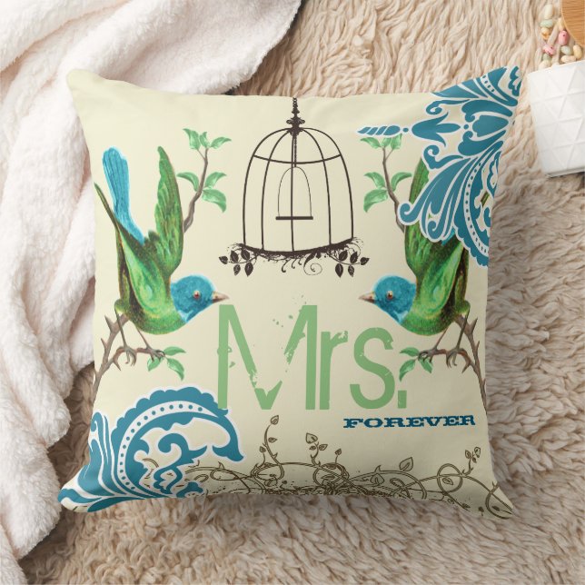 Bride Teal Grönt Damask Bird Birdcage Mrs Forever Kudde (Filt)