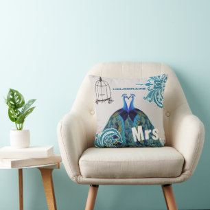 Bride Teal Kissing Love birds Peacock Birdcage Kudde