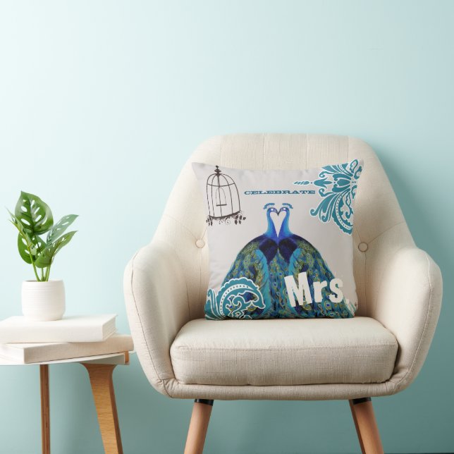 Bride Teal Kissing Love birds Peacock Birdcage Kudde (Stol)