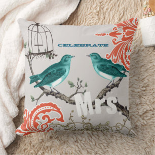 Bride Teal & Tangerine Damask Love Birdcage Kudde