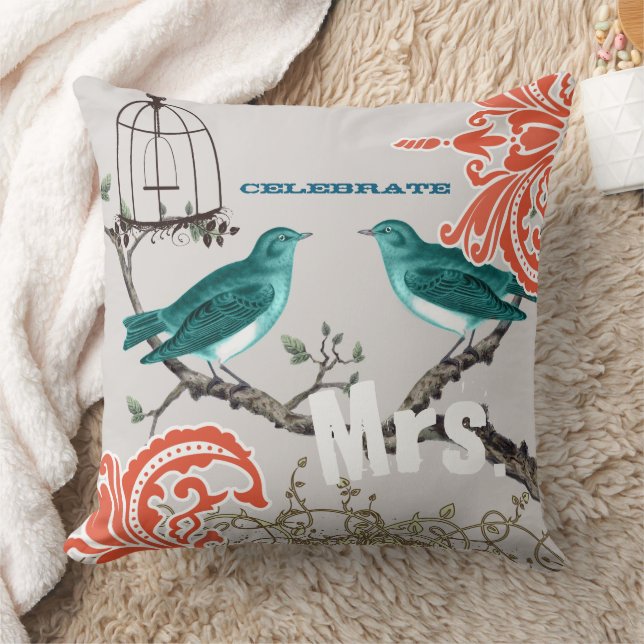 Bride Teal & Tangerine Damask Love Birdcage Kudde (Filt)
