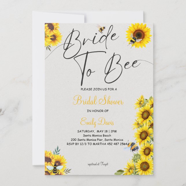 Bride till Bee med solblommor och honung Inbjudningar (Framsida)