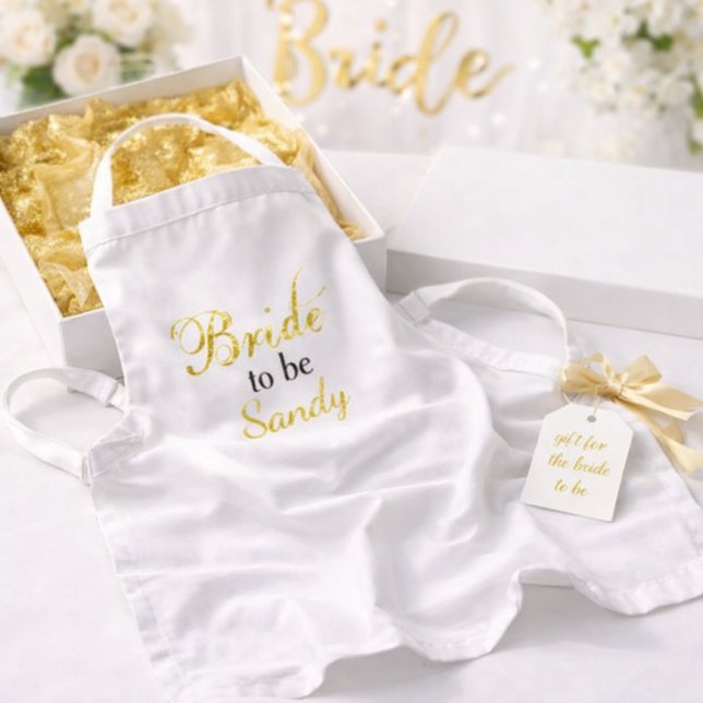 Bride to be Möhippa Gift Idea Förkläde (Elegant bridal shower gift  featuring “Bride to be personalized” apron with gold ribbon and tag)