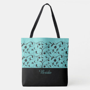 Bride Tote Bag Aqua & Black-Scrollsar Tygkasse