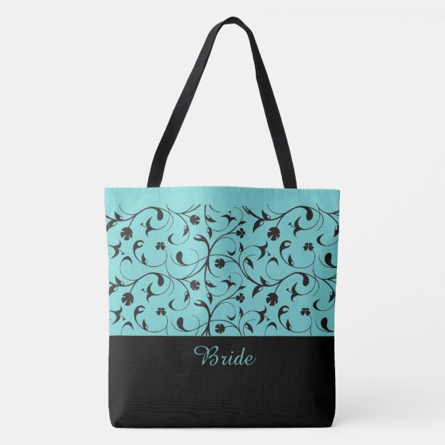 Bride Tote Bag Aqua & Black-Scrollsar Tygkasse (Framsida)