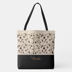 Bride Tote Bag Beige & Brown Scrollss Tygkasse