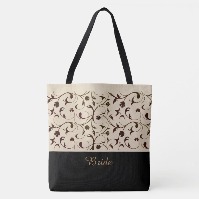 Bride Tote Bag Beige & Brown Scrollss Tygkasse (Framsida)