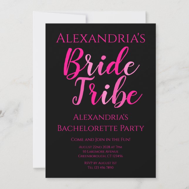 Bride Tribe Bachelorette Party Shock rosa Black Inbjudningar (Framsida)