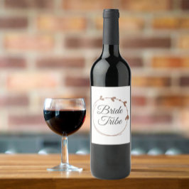 Bride Tribe Mocha Simple Hjärtkrans Vinflaska Etikett