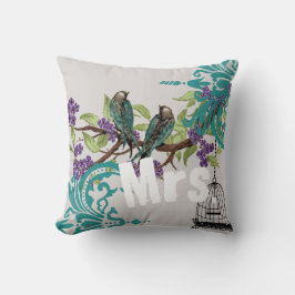 Bride Vintage Teal Birds Birdcage & Lila Blooms Kudde