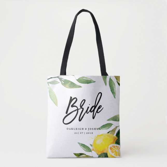 Bride Watercolor Lemon Bohemian Bröllop Tote Bag Tygkasse (Framsida)
