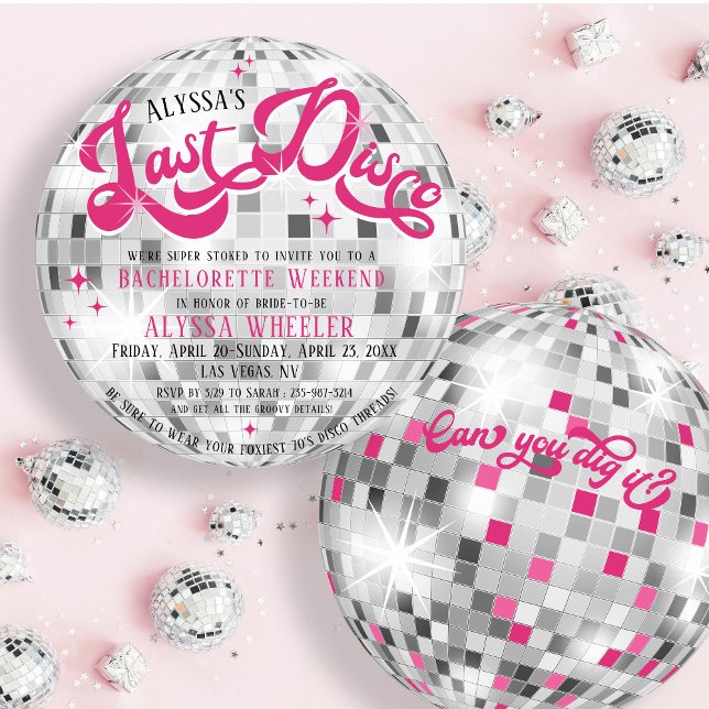 Brides senaste Disco Boll Round Bachelorette Helg Inbjudningar (Last Disco retro groovy hot pink and silver round disco ball shape wedding bachelorette invite)