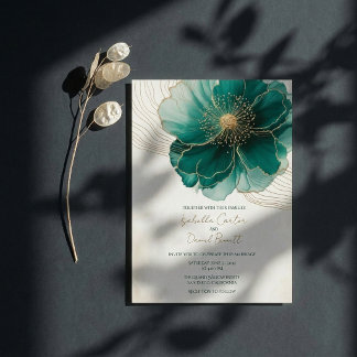 Bride's Teal Floral Gold Wedding Invitation Card Inbjudningar