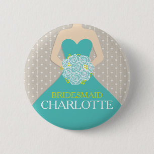 Bridesmaid aqua dress med namnet bröllop pin-knapp knapp