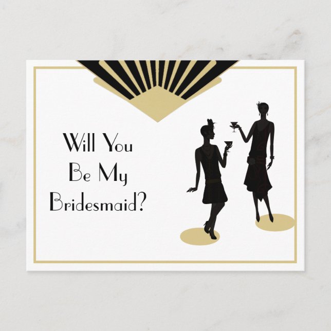Bridesmaid Art Deco Black Guld Inbjudan Vykort (Framsida)