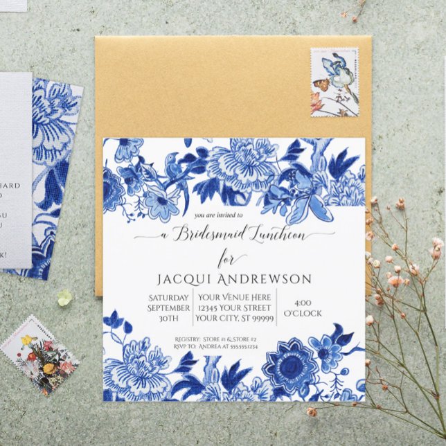 Bridesmaid Asian Influence Blue White Blommigt Inbjudningar (Skapare uppladdad)