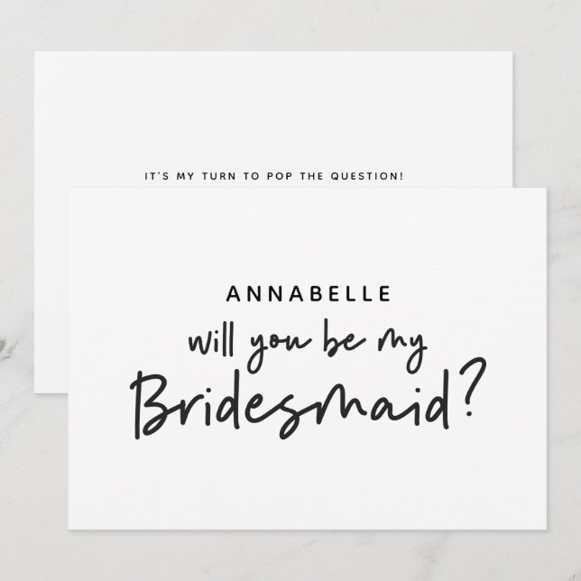 Bridesmaid begär modern svartvit typografi inbjudningar (Fram/baksida)