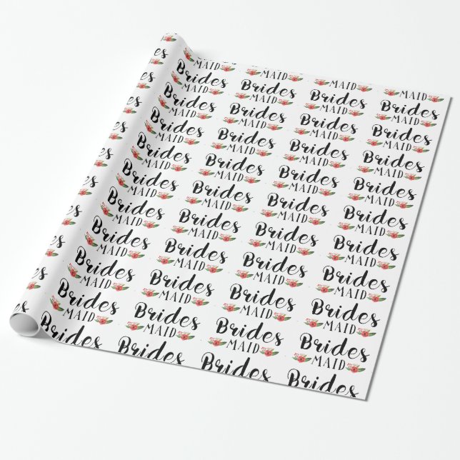 Bridesmaid Black Modern Text & Flowers Mönster Presentpapper (Utrullad)