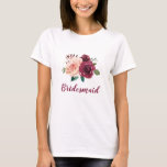 Bridesmaid Blommigt  Rosa Burgundy Ro Bröllop T Shirt<br><div class="desc">Den här ljusskjortan har en vattenfärgsdesign för blommigt med  rosa och burgudisk ro. Anpassa den med din egen text. Matchande produkter är tillgängliga. Besök vår butik eller visa våra samlingssidor för att se fullt.</div>