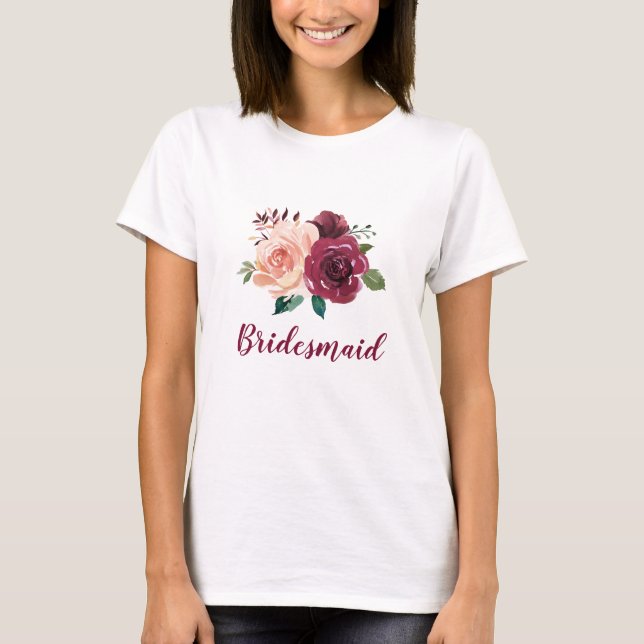 Bridesmaid Blommigt  Rosa Burgundy Ro Bröllop T Shirt (Framsida)