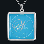 Bridesmaid Bröllop Gift Elegant Monogram-skript Silverpläterat Halsband<br><div class="desc">Bröllop Bridesmaid Gift Elegant Monogram Personlig Namn Script Chic Turcos Blue Silver Plated Necklace. Klicka på Anpassa den här mallen för att anpassa den med Bridesmaias namn och datum snabbt och enkelt. Bröllop Bridesmaid Gift Elegant Monogram Script Silver Plated Necklace ingår i samlingen Bridesmaid Gift i denna butik. 30 dagars...</div>