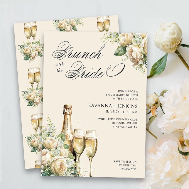 Bridesmaid Brunch med Bride Champage Ro Inbjudningar (Brunch with the Bride floral champagne bridesmaid's brunch invitation on cream)