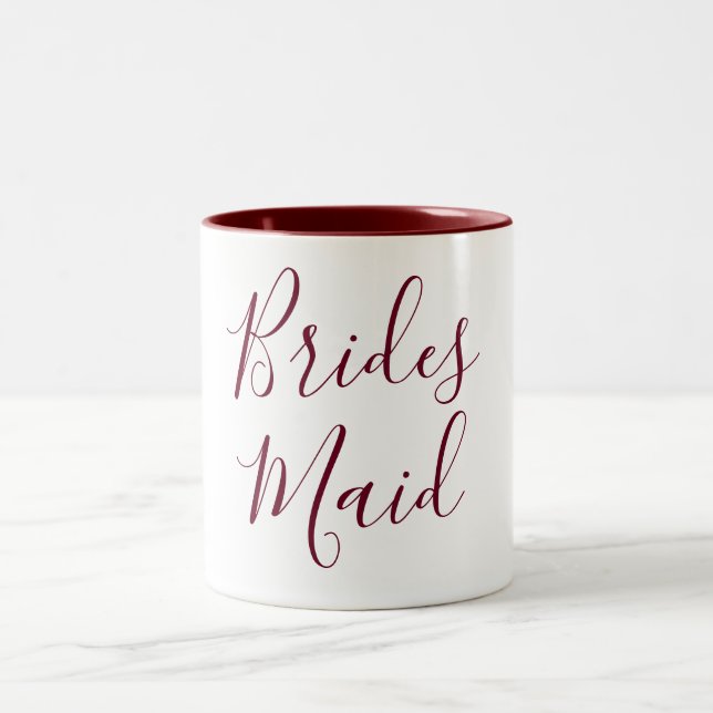 Bridesmaid Burgundy and White Cursive Två-Tonad Mugg (Center)