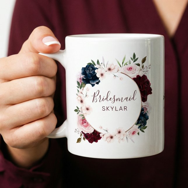Bridesmaid Burgundy & Navy Ro Watercolor Watercolo Kaffemugg (Bridesmaid Burgundy & Navy Rose Watercolor Wreath Coffee Mug)