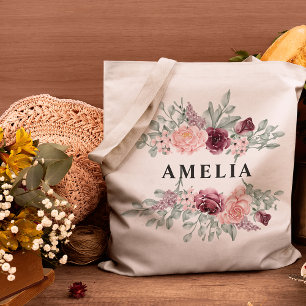 Bridesmaid Burgundy och Rosa Blommigt Monogram Nam Tygkasse