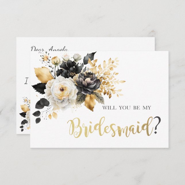 Bridesmaid Card Guld Black White Flowers Inbjudningar (Fram/baksida)