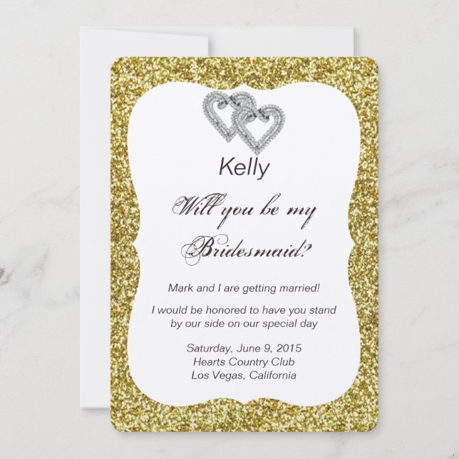Bridesmaid Card guld Glitter Diamond Hearts Inbjudningar (Framsida)
