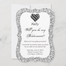 Bridesmaid Card silver Glitter Black Heart Inbjudningar