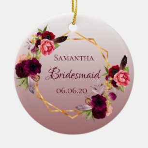Bridesmaid cinnamon ro blommigt burgundy julgransprydnad keramik